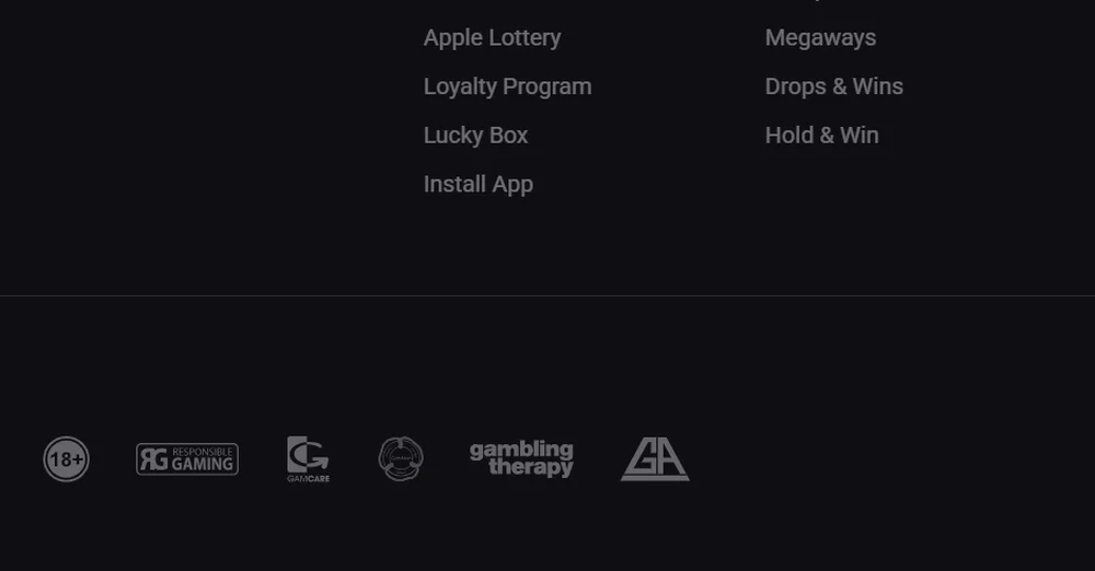 Links to support resources on the home page of the online casino website